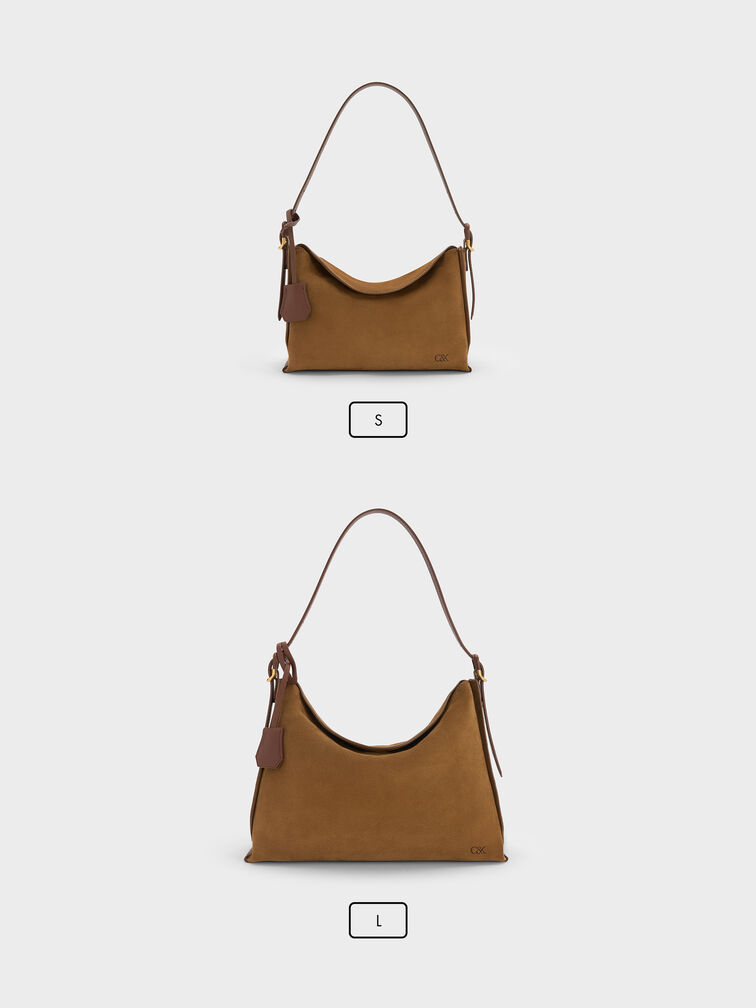 Large Leather & Suede Top-Flap Hobo Bag, Brown, hi-res