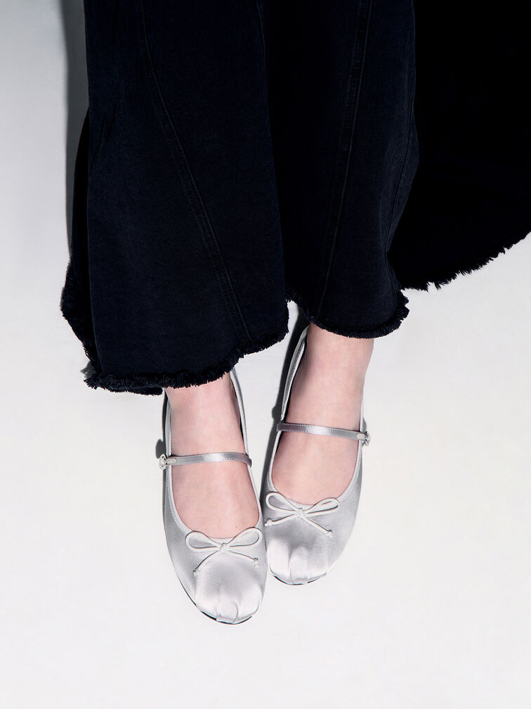 Emiko Satin Bow Mary Jane Flats, Silver Emiko Satin Bow Mary Jane Flats, Silver, hi-res