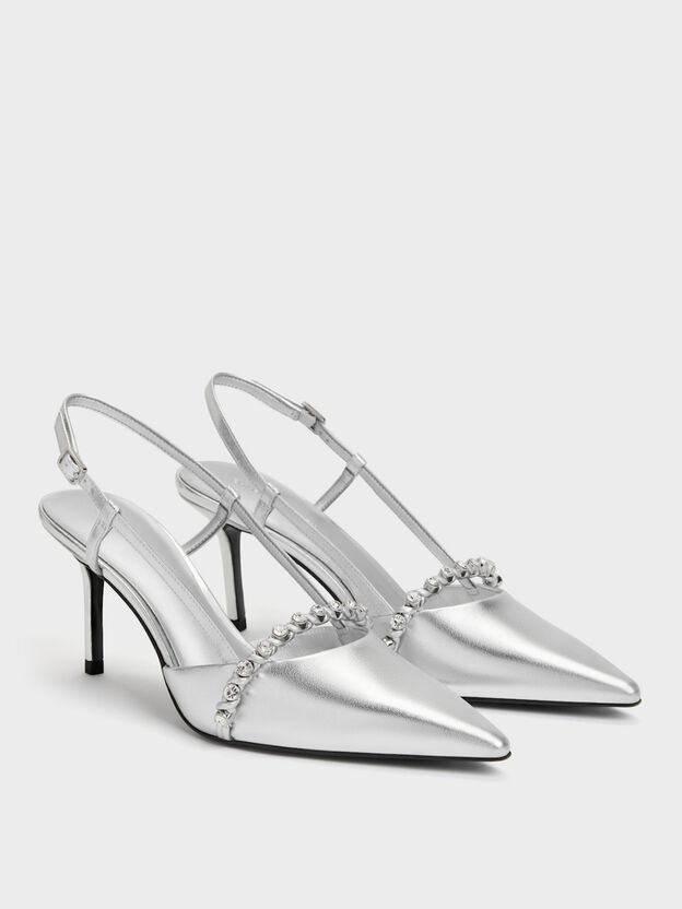 Metallic Crystal Slingback Pumps, Silver, hi-res
