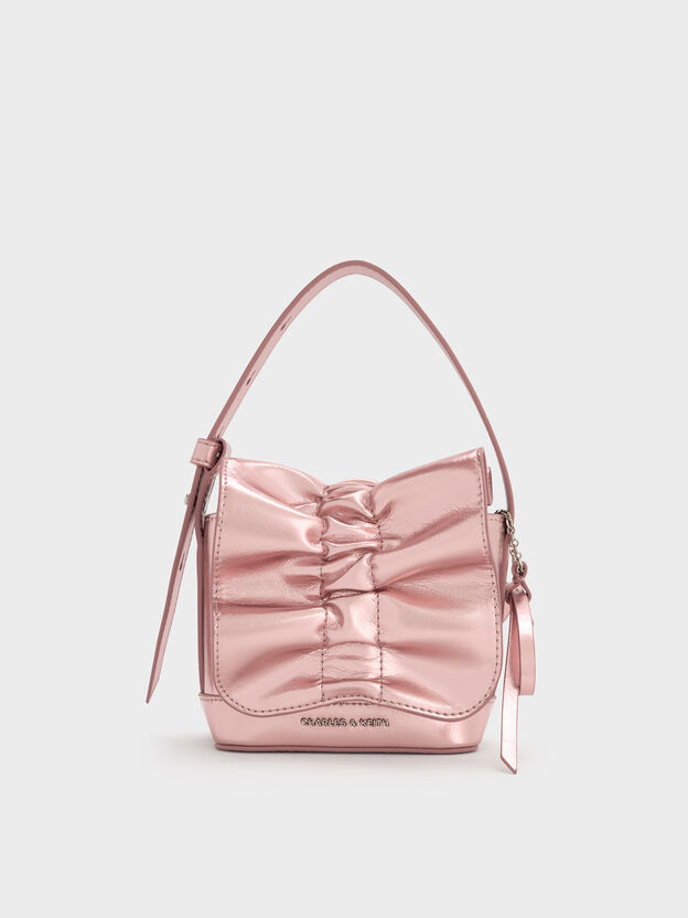 Kadee Metallic Bow-Charm Ruched Mini Bag, Aura Pink, hi-res