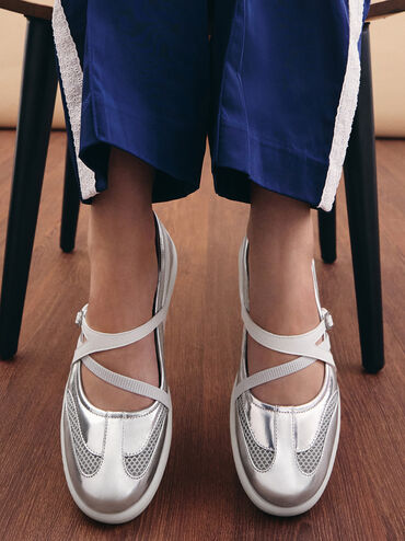 Tiggy Metallic Mesh Two-Tone Ballet Sneakers, Silver, hi-res