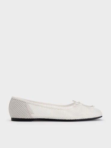 Mesh Square-Toe Bow Ballet Flats, White, hi-res