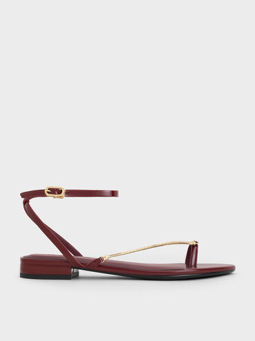 Chain-Strap Square-Toe Heeled Sandals, Burgundy, hi-res