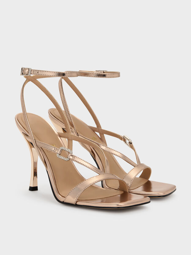 Metallic Leather Crystal-Buckle Ankle-Strap Heels, Bronze, hi-res