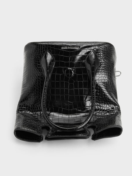 Aveline Croc-Effect Front-Flap Crossbody Bag, Black Croco, hi-res