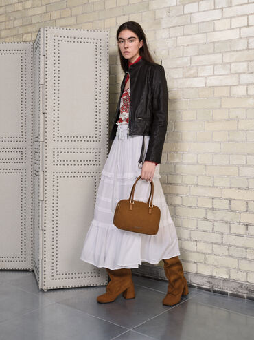 Robbie Faux Suede Side-Buckle Block-Heel Knee-High Boots, Brown, hi-res