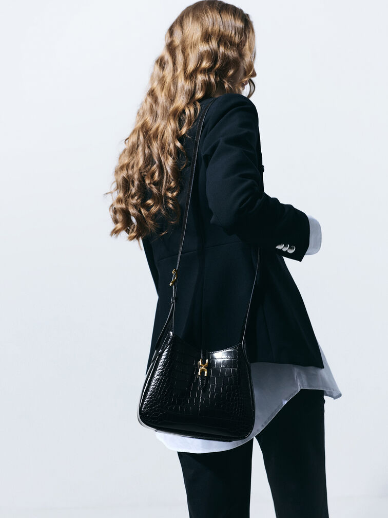 Mini Adalyn Croc-Effect Metallic-Buckle Belted Hobo Bag, Black Croco, hi-res