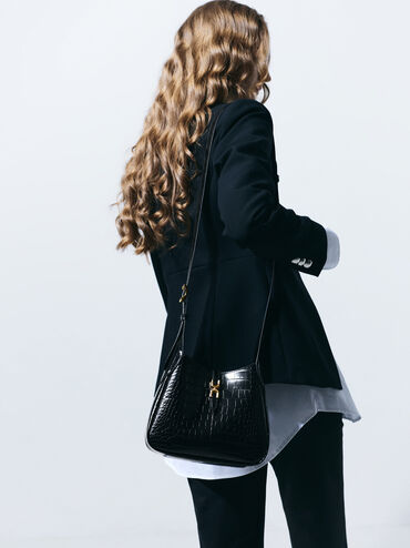 Mini Adalyn Croc-Effect Hobo Bag, Black Croco, hi-res