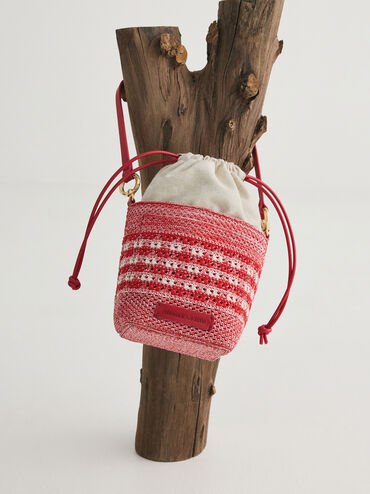 Girls' Ida Knitted Gingham Bucket Bag, Gingham Red, hi-res