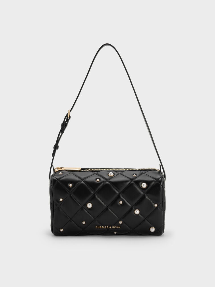 Janie Pearl-Embellished Quilted Shoulder Bag, Black, hi-res