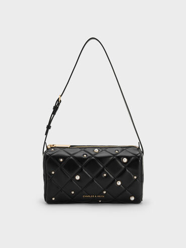 Janie Quilted Pearl Shoulder Bag, Black, hi-res