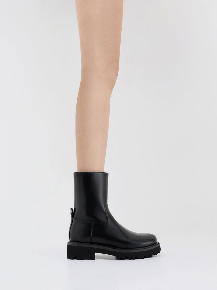 Devan Side-Zip Ridged-Sole Calf Boots, Black, hi-res