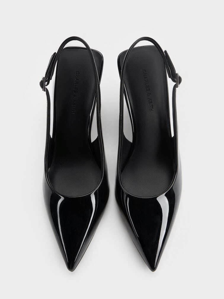 Patent Translucent-Heel Slingback Wedges, Black Patent, hi-res