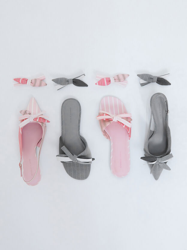 Striped Bow Slide Sandals, Grey, hi-res