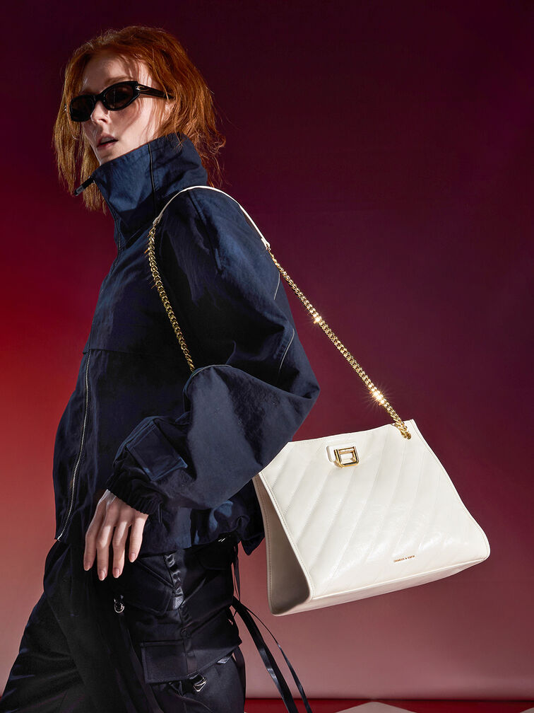 Neva Panelled Chain-Strap Tote Bag, Cream, hi-res