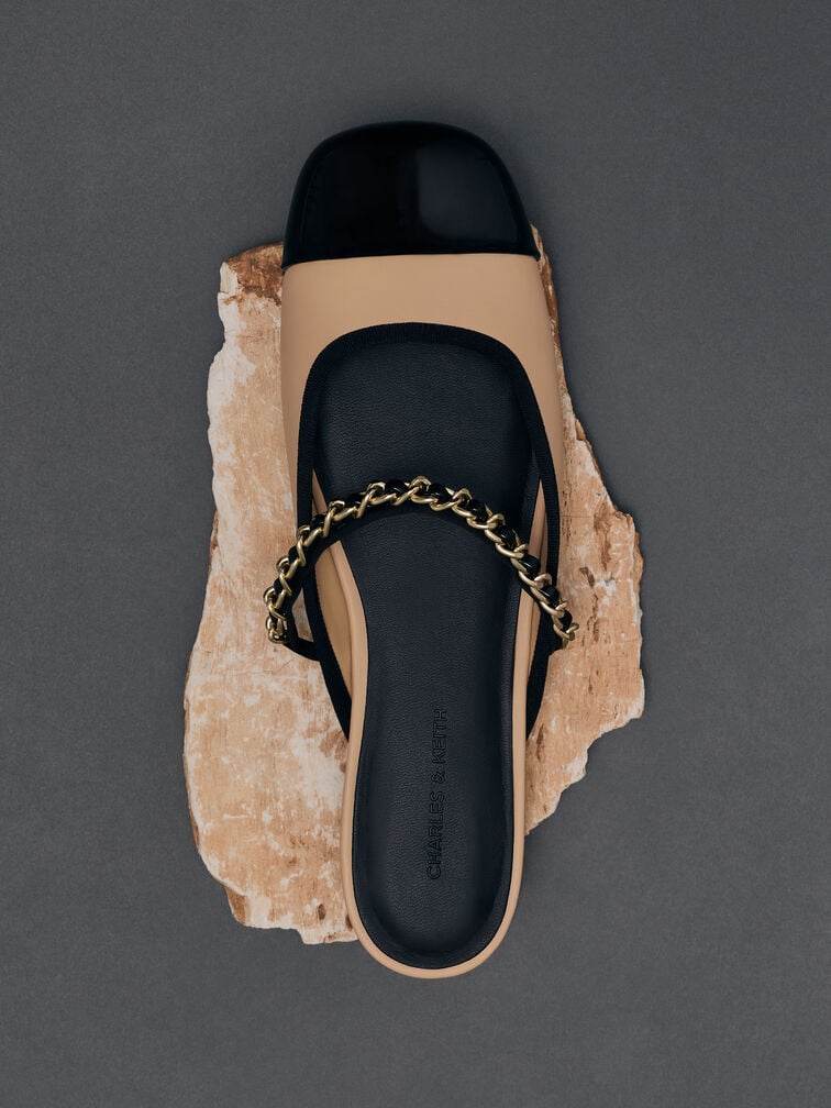 Patent Two-Tone Chain-Strap Mules, Sand, hi-res