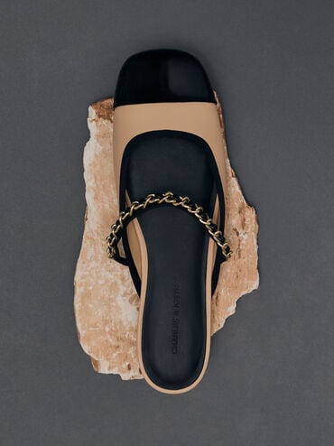 Patent Two-Tone Chain-Strap Mules, Sand, hi-res