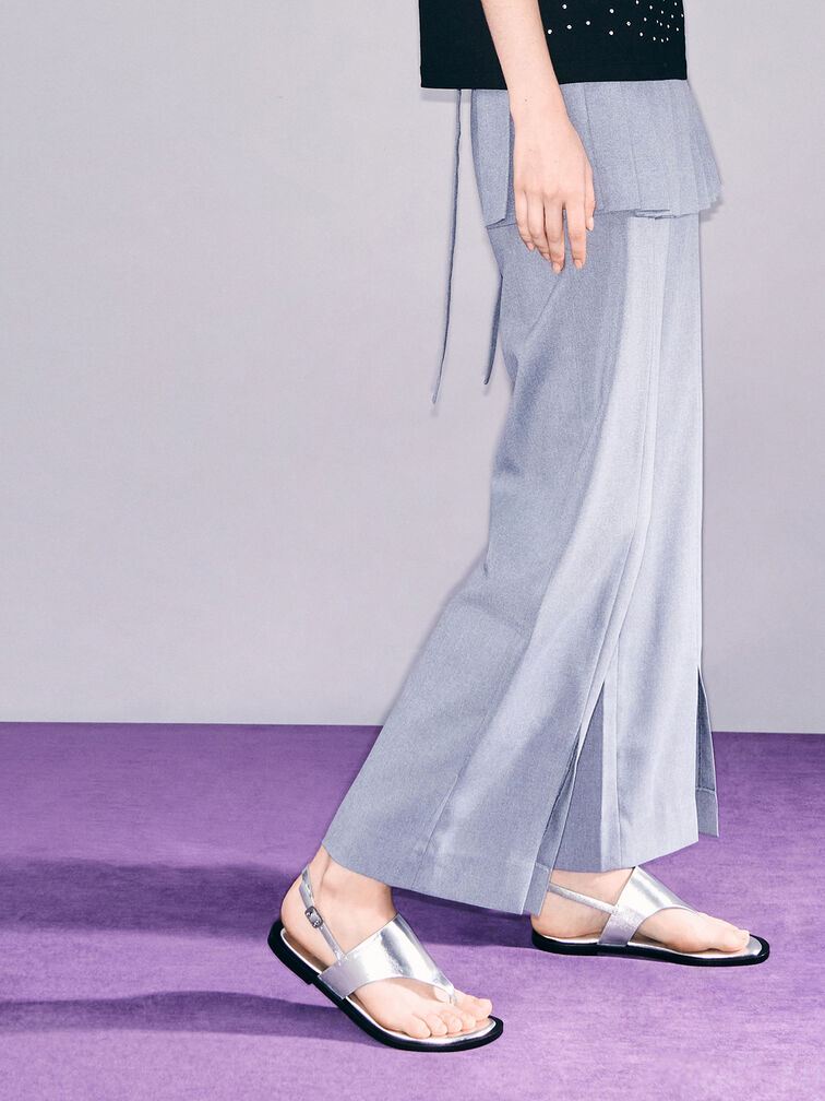 Metallic V-Strap Slingback Thong Sandals, Silver, hi-res