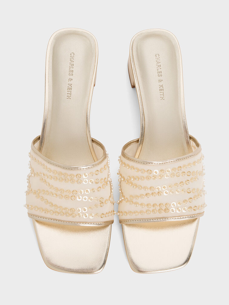 Mesh Metallic Sequinned Block-Heel Mules, Gold, hi-res