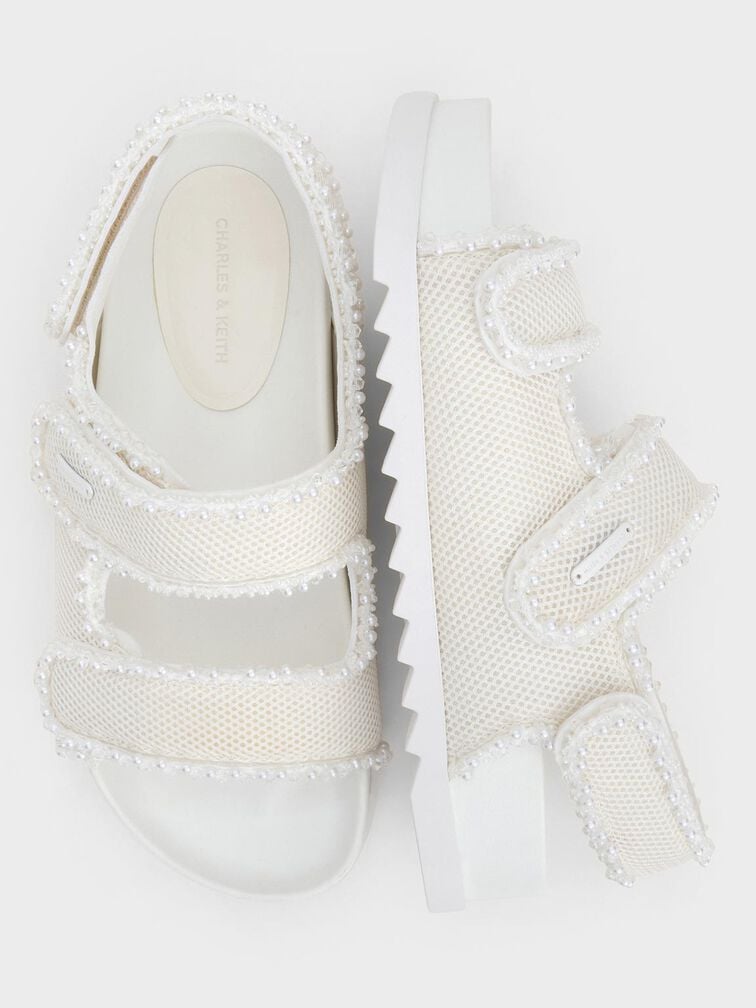 Mesh Pearl-Embellished Flatform Sandals, White, hi-res
