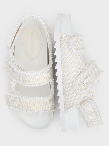 Mesh Pearl-Embellished Flatform Sandals, White, hi-res