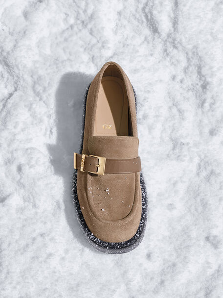 Leather & Suede Buckled-Strap Loafers, Taupe, hi-res