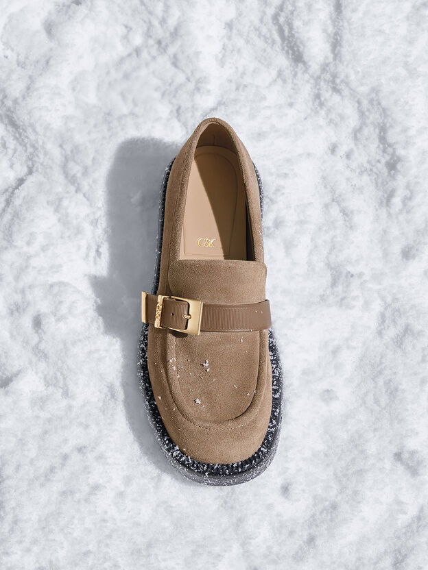 Leather & Suede Buckled-Strap Loafers, Taupe, hi-res
