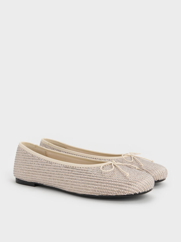 Satin Crystal-Pearl Bow Ballet Flats, Gold, hi-res