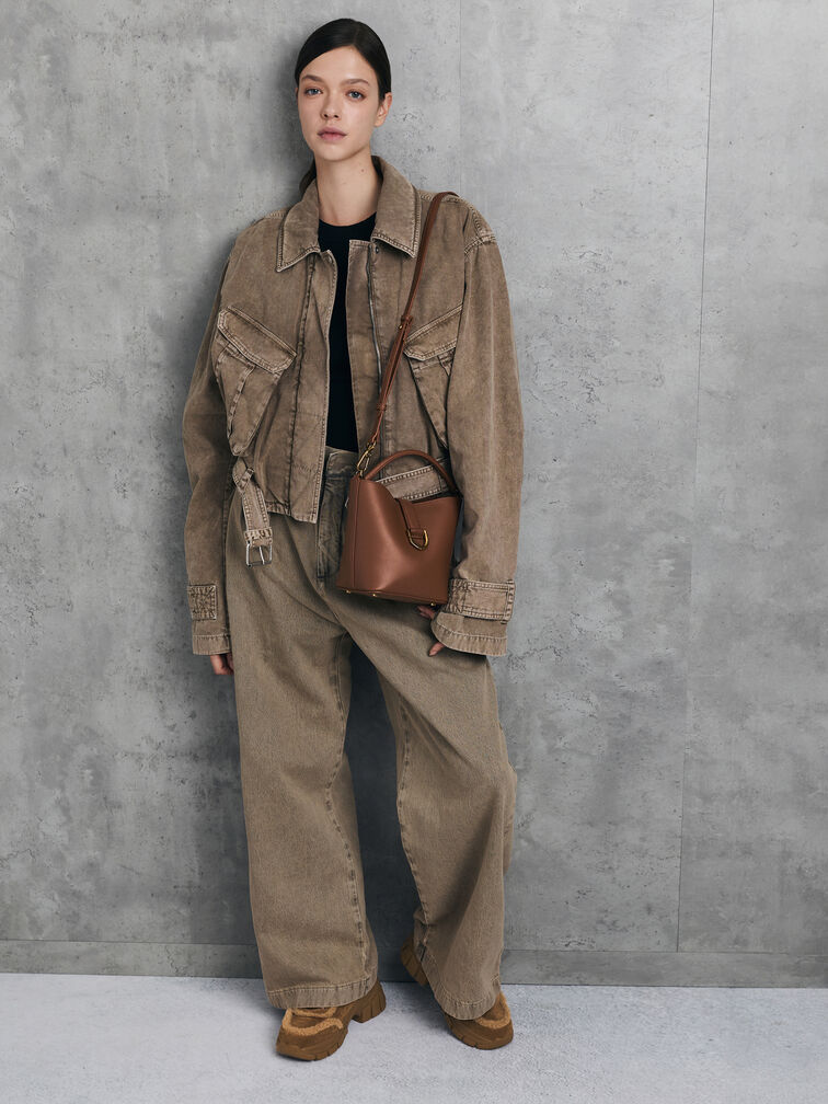 Gabine Leather Belted Top-Handle Bucket Bag, Chocolate, hi-res