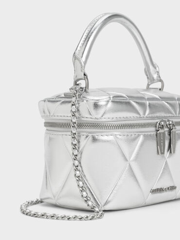 Arwen Metallic Quilted Top Handle Vanity Bag, Silver, hi-res