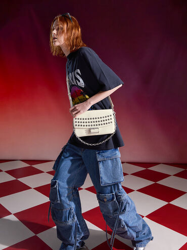 Liv Grommet Chain-Handle Shoulder Bag, Cream, hi-res