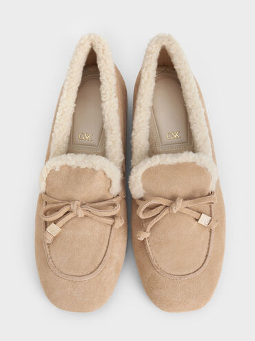 Gavyn Suede Shearling-Lined Boat Shoes, Beige, hi-res