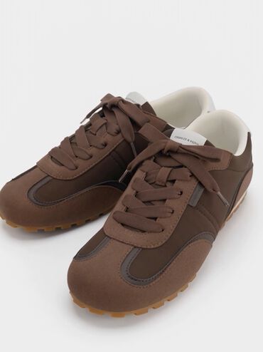 Nylon Contrast-Panel Sneakers, Dark Brown Textured, hi-res