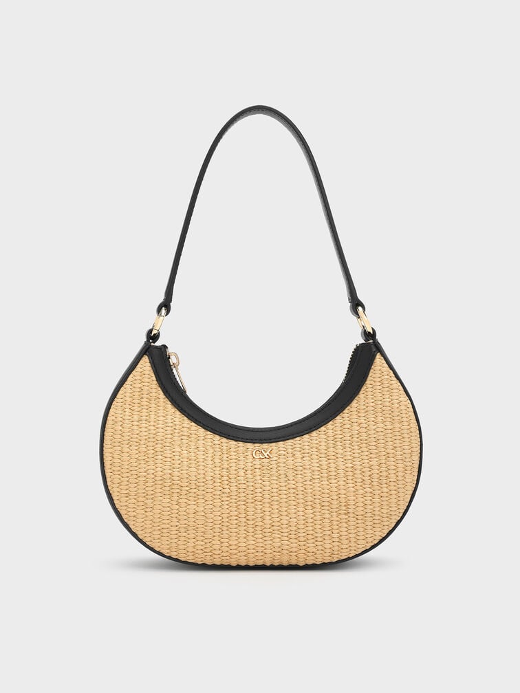 Leather & Raffia Crescent Hobo Bag, Neutral Raffia, hi-res