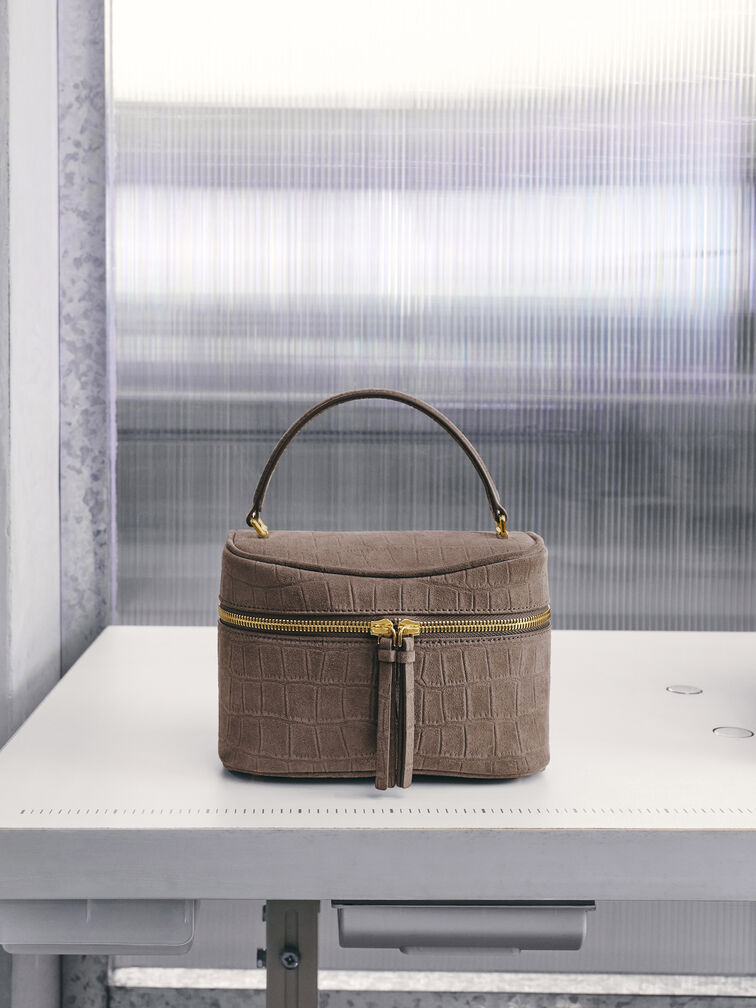 Pansy Croc-Effect Vanity Bag, Stone Grey, hi-res