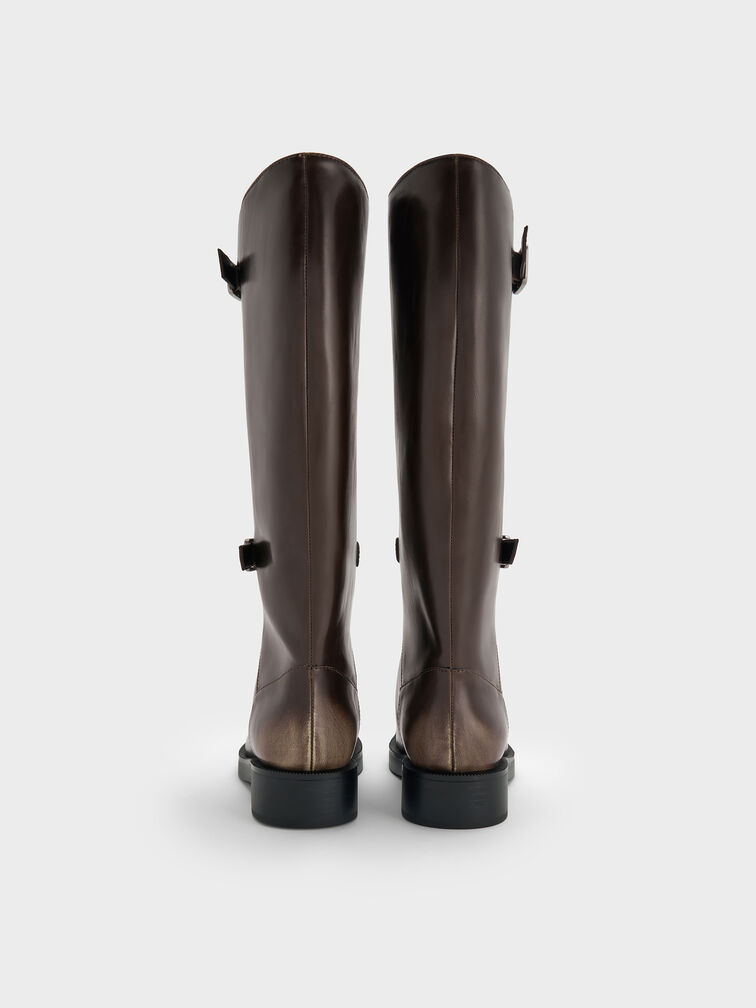 Burnished Double-Buckle Combat Knee-High Boots, Dark Brown, hi-res