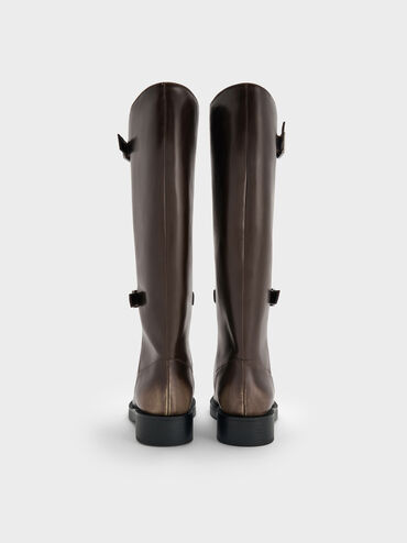 Burnished Double-Buckle Combat Knee-High Boots, Dark Brown, hi-res