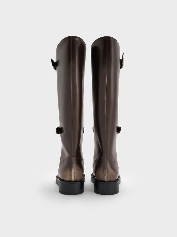 Burnished Double-Buckle Combat Knee-High Boots, Dark Brown, hi-res