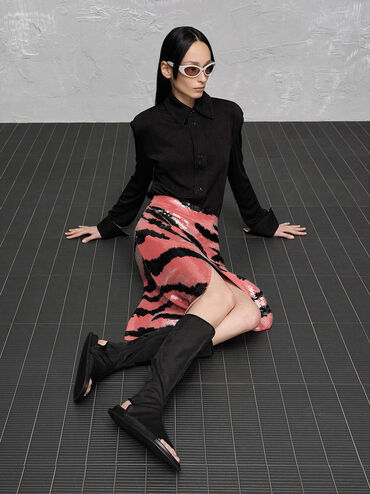 Loren Mesh Cut-Out Boot Sandals, Black Textured, hi-res