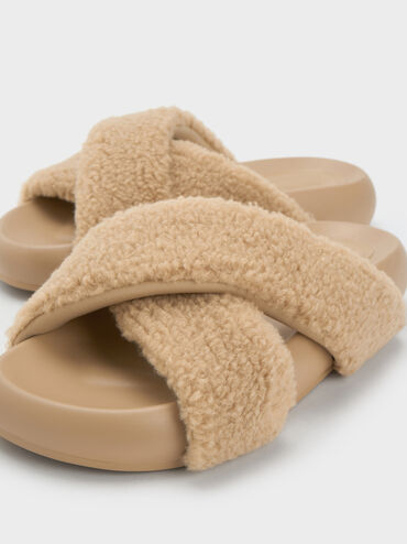 Lumi Faux Shearling Crossover-Strap Slide Sandals, Brown, hi-res