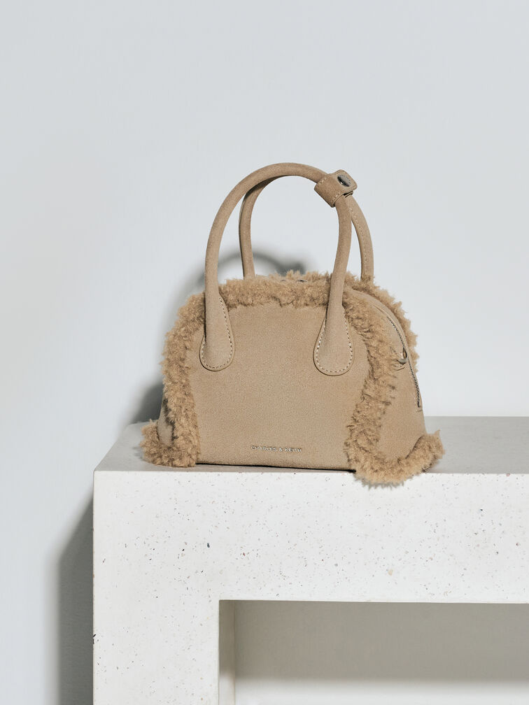 Nelly Recycled Suede & Faux Shearling Bowling Bag, Nutmeg Beige, hi-res