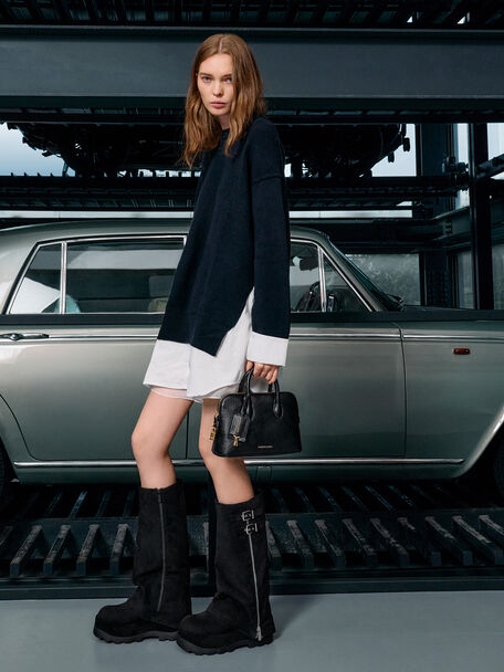 Barron Faux Suede Platform Knee-High Boots, Black Textured, hi-res