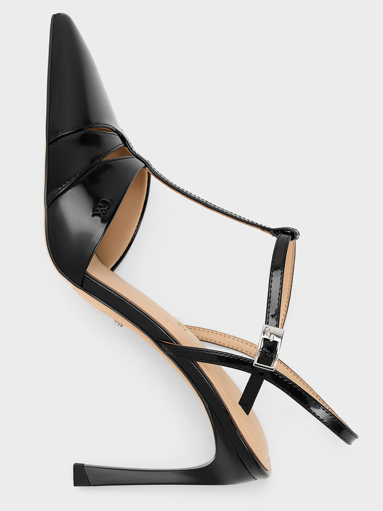 Leather T-Bar Pointed-Toe Pumps, Black Box, hi-res