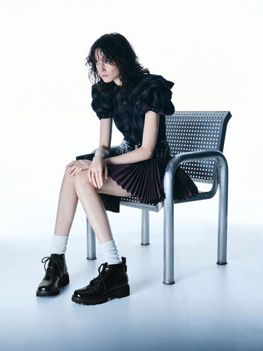 Ridged-Sole Side-Zip Combat Boots, Black Box, hi-res