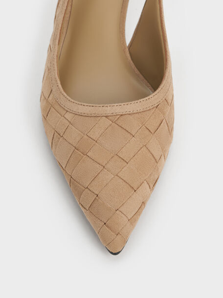 Ivette Faux Suede Woven Pointed-Toe Slingback Pumps, Sand, hi-res