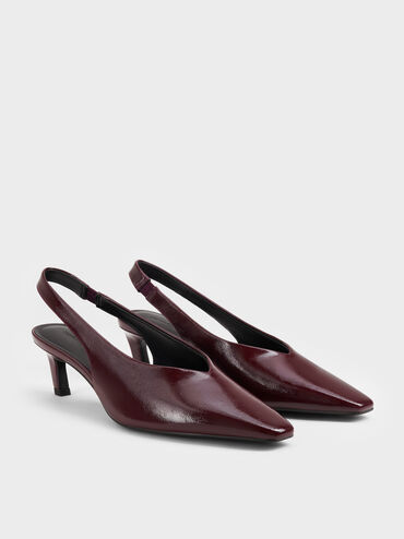 Patent Tapered Square-Toe Slingback Kitten Heels, Burgundy, hi-res