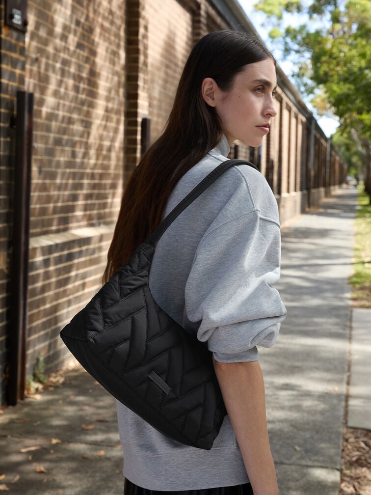 Nylon Chevron Shoulder Bag, Jet Black, hi-res