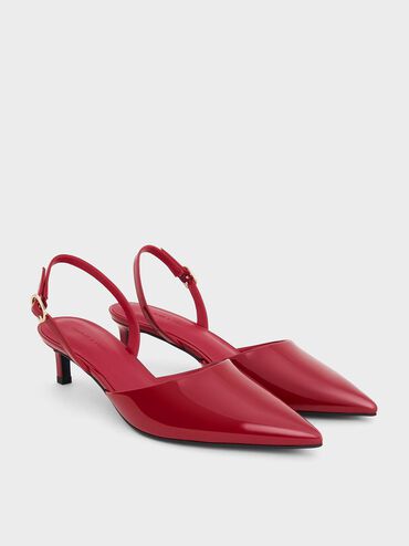 Patent Pointed-Toe Slingback Kitten Heels, Red, hi-res
