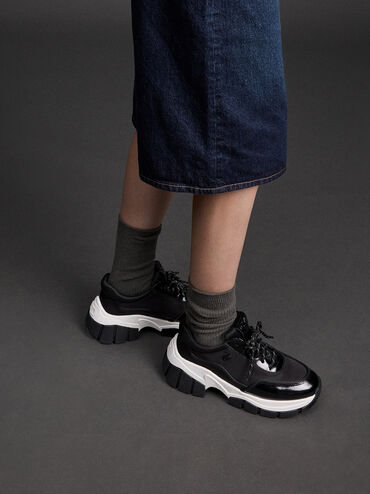 Yunna Leather & Recycled Fabric Chunky Sneakers, Black, hi-res