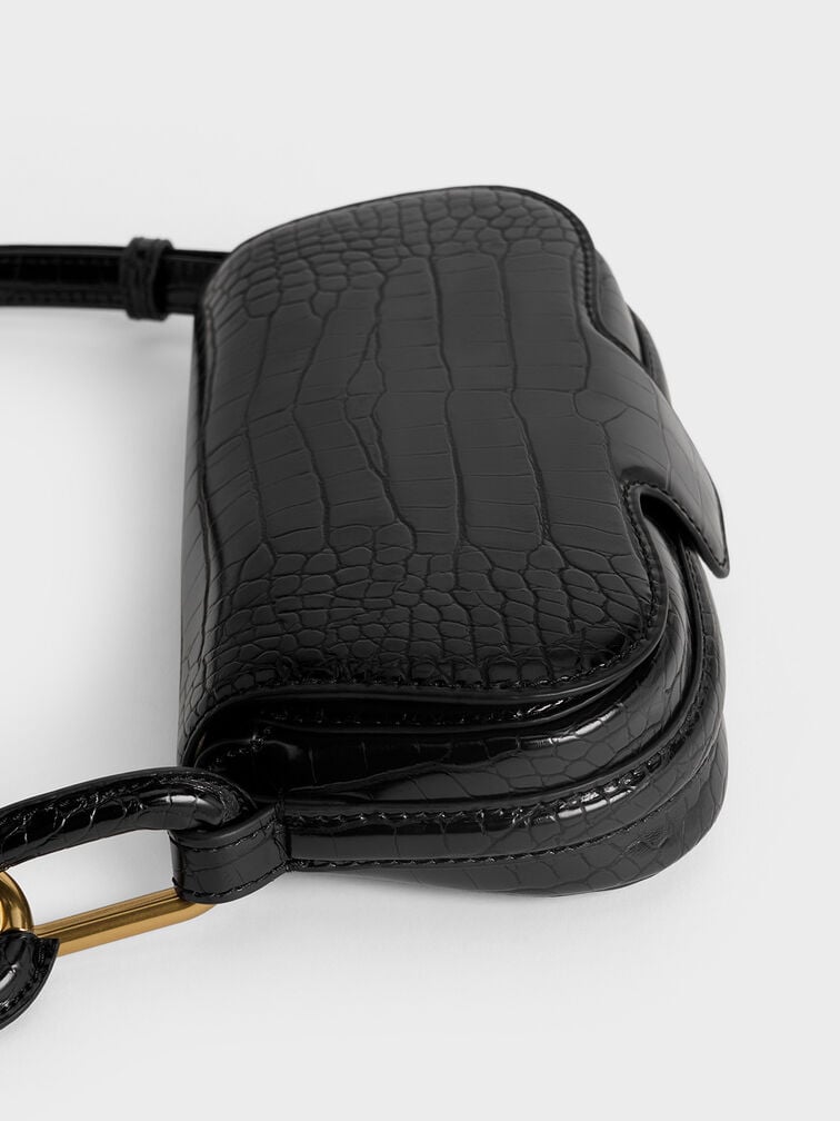 Mini Kora Croc-Effect Metallic-Accent Elongated Bag, Black, hi-res